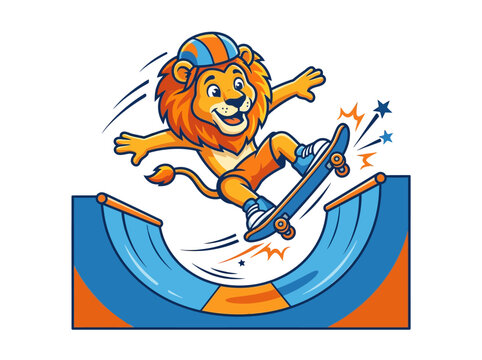 Playful cartoon lion mascot character wearing a safety helmet and sneakers, performing a skateboarding trick on a half-pipe ramp, vibrant vector illustration on white background.