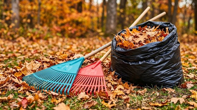 Autumn leaf fall with a pile of fallen leaves and rakes for cleaning service.