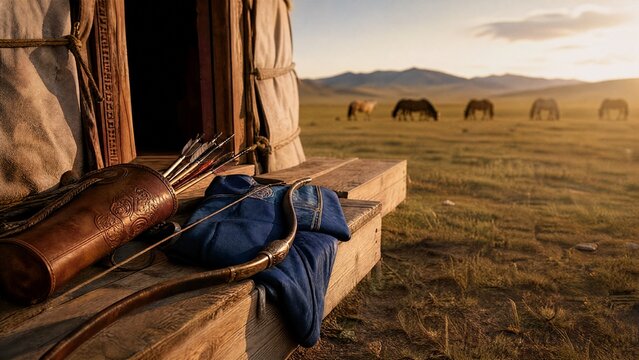 recurve. Mongolian recurve bow and quiver on ger doorstep with silk deel, nomadic steppe heritage. event programs, museum guides, designed for cultural heritage projects and event programs.