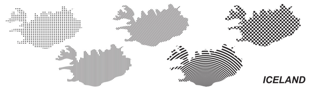 Iceland map silhouette vector, isolated country outline graphic set, 5 black design templates with dots stripes and checkered patterns, geometric abstract digital layout element