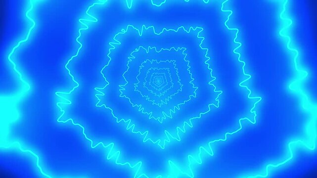 Seamless Loop of Minimalist Glowing Cyan Geometric Pentagon Tunnel with Turbulent Wiggle Motion, for Futuristic Video Overlays Tech Events Presentation Screens and Modern VJing Backgrounds