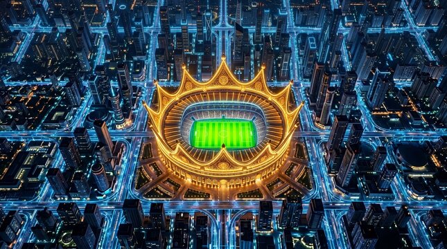 high-angle conceptual drone perspective of a massive, modern soccer arena designed like a glowing golden crown, situated at the center of a futuristic grid city at night with illuminated streets