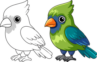 Fototapeta premium Cute Cartoon Bird Illustration in Color and Black and White Outline