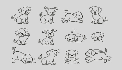 Obraz premium Playful cartoon puppy line drawings showing a dog in various poses including running, sleeping, barking, and digging.