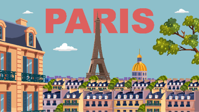 Colorful Paris Cityscape Illustration with Eiffel Tower and Haussmann Architecture