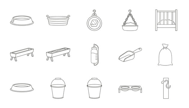 Livestock feeding and care equipment icons with troughs, buckets, scales, and crib on white.