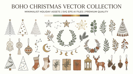 Hand-drawn vector Christmas winter set featuring trees, deer, reindeer, Santa and snowflakes in vintage holiday greeting card illustration style © Rizky