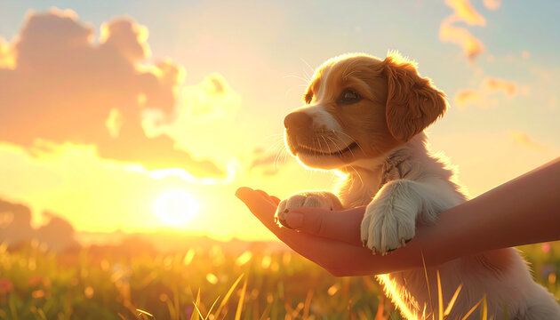 Dog held outdoors sunset