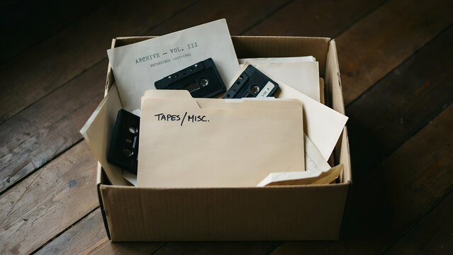 Cardboard box filled with old documents, a manila folder labeled tapes misc, and vintage audio cassette tapes on a rustic dark wooden floor