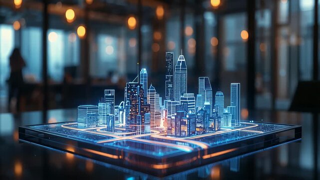 Glowing blue miniature skyline rises from a rectangular platform inside a softly lit room