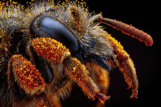 Macro of a bee's legs with full pollen baskets (corbiculae), bright orange pollen, scientific detail