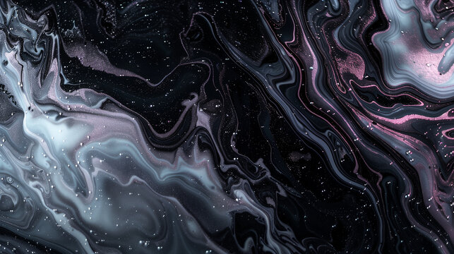 黒いマーブル模様に虹色の光が流れる抽象背景、幻想的で高級感のある流体アート素材