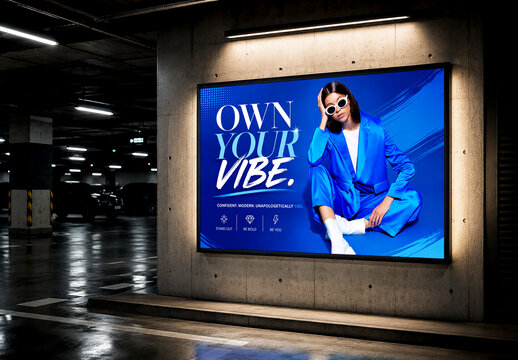 Realistic Indoor Billboard Mockup in Modern Underground Parking Lot