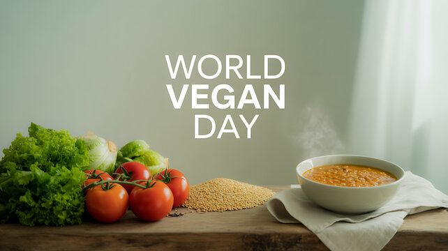 World Vegan Day celebration with fresh vegetables and a bowl of lentil soup on a wooden table