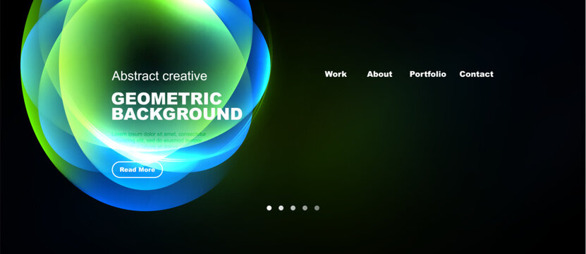 Dark background features vibrant overlapping circles. Text promotes geometric design, includes navigation options, plus read more button.