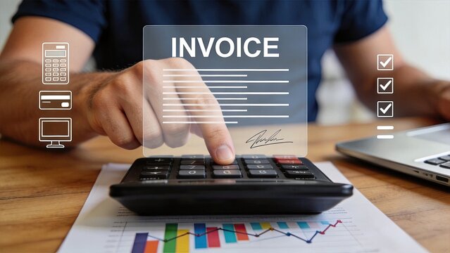 Financial accountant calculating invoice payment using calculator, digital banking concept, online transaction processing, tax accounting and budget management with virtual screen