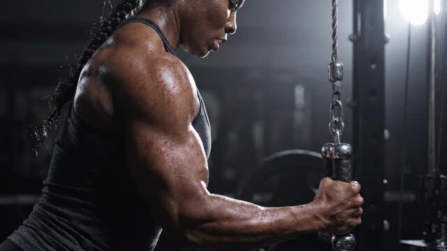 Woman's muscular arm performing cable triceps pushdown in gym