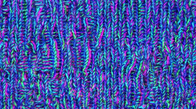 Knitted textile texture with vibrant abstract blue and green digital glitch pattern