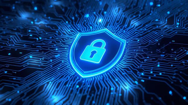 Glowing blue shield containing a padlock appears over a dark circuit board with branching traces