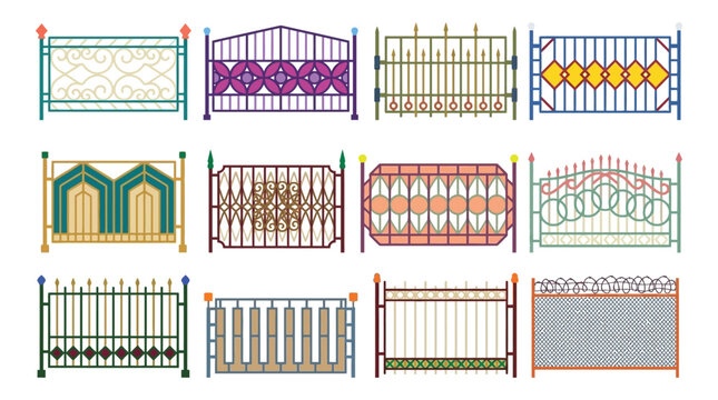 Wrought Iron Fence Collection Colorful Vector Illustration On White Background