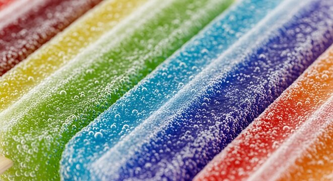 Colorful rainbow stripes made of fizzy liquid with bubbles in parallel lines. rainbow soda popsicles 