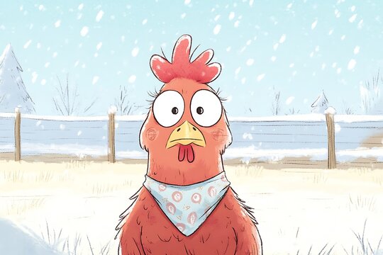 Curious rooster in winter landscape