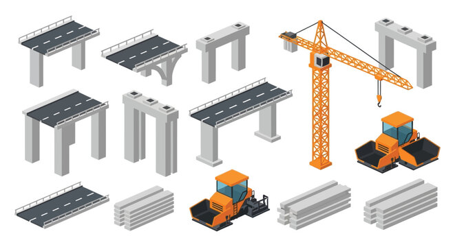 Isometric construction elements with road sections crane and machinery on white background