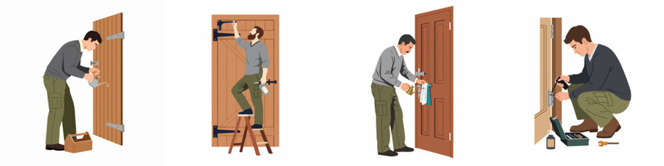 Fototapeta premium Illustrations of Men Performing Door Maintenance Tasks Like Oiling Hinges, Cleaning Handles, and Repairing Hardware for Home Improvement and DIY Projects