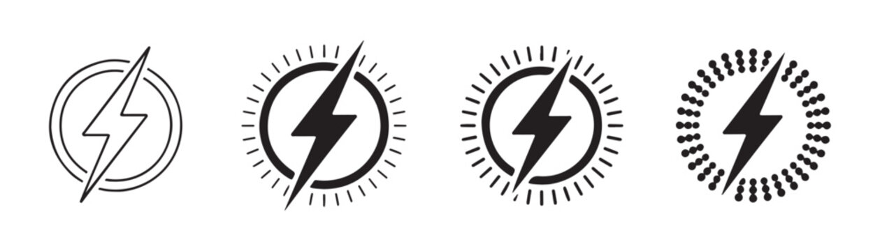 Bolt of lightning inside circles with radiating lines and dot patterns symbolizing power and energy transfer.