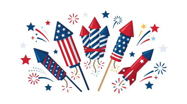 Colorful illustration of rockets and fireworks in red, white, and blue hues celebrating american independence day on a white background with festive stars and streaks