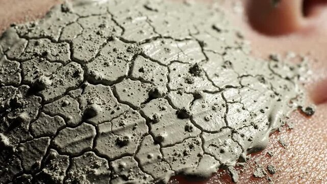 Close up of cracked grey clay mask drying on skin
