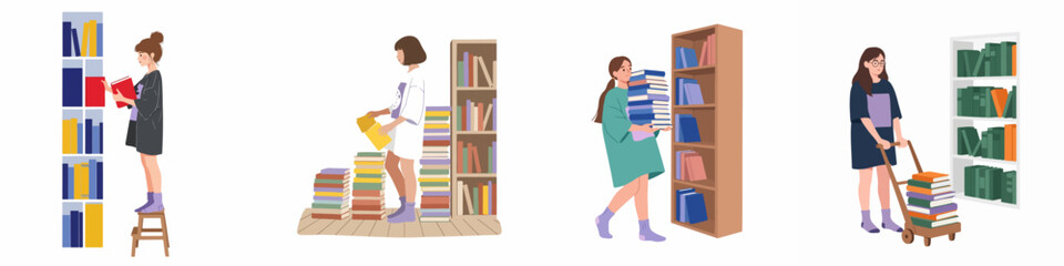 Set of flat illustrations featuring young women organizing books in a library, carrying stacks, and browsing bookshelves for education and leisure. © Jayadi