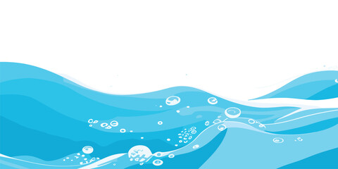 Stylized blue ocean waves with bubbles vector background. Abstract blue ocean wave splash background with flowing water curves vector design, sea wave background.