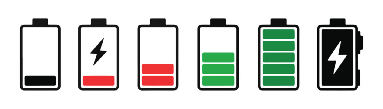 Battery charge level indicators with color coded status bars for monitoring device power performance.