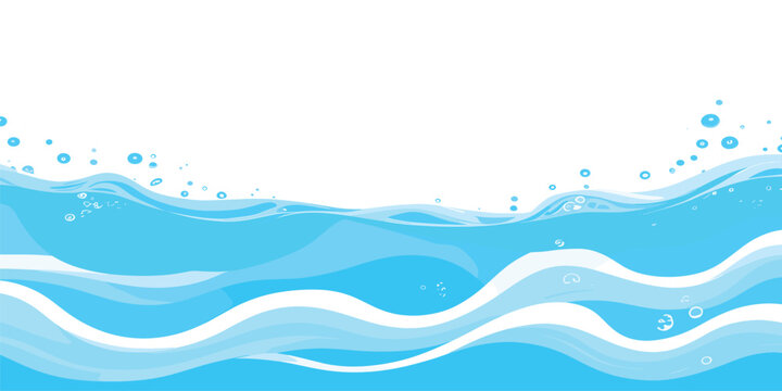 Abstract blue water wave splash background vector illustration. Vibrant cartoon ocean wave vector with splash and foam on white background, water wave, kids themes, and digital art.