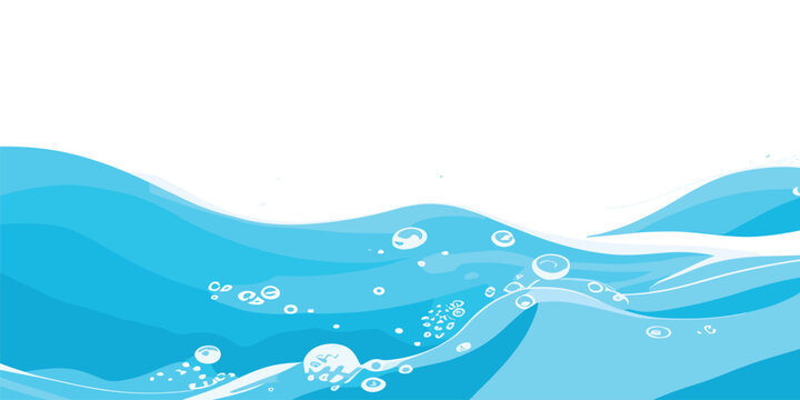 Stylized blue ocean waves with bubbles vector background. Abstract blue ocean wave splash background with flowing water curves vector design, sea wave background.
