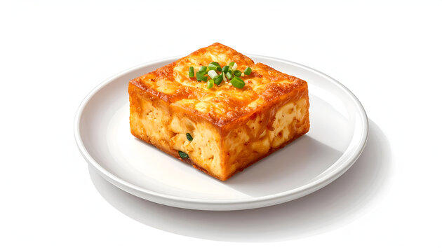 Traditional Korean rolled omelette gyeran mari block isolated on white ceramic plate breakfast food mockup