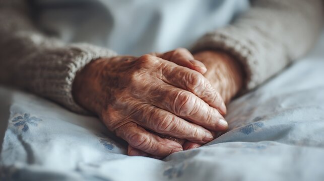 Close up of an elderly person hands resting on a soft blanket.