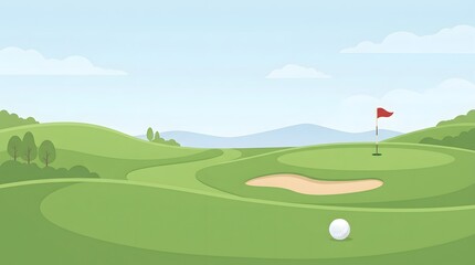 Fototapeta premium golf cartoon, smooth fairway, single bunker and red flag, perfect for banners, posters, or website headers.