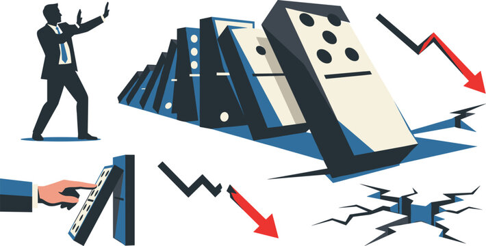 Business Crisis and Domino Effect Vector Concept Set with Businessman Pushing Falling Bricks Red Arrow and Crack Elements for Economy Downturn Designs