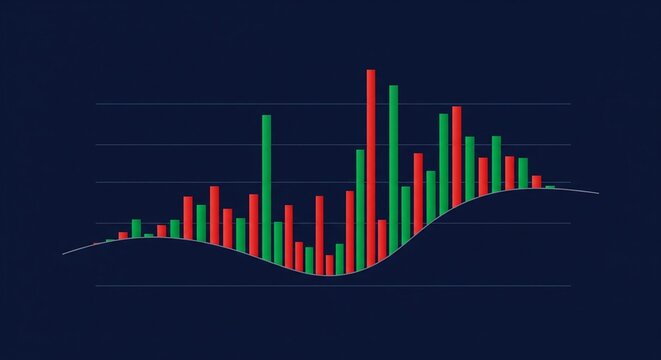 Abstract digital bar chart with upward trend, showing fluctuating data and growth over time with red