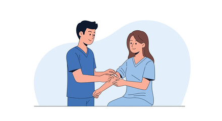 Obraz premium Medical consultation: doctor examines patient's arm in clinic flat illustration