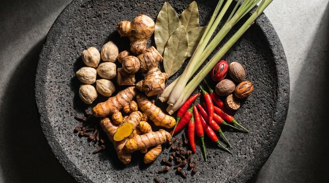 Indonesian spices and herbs on stone