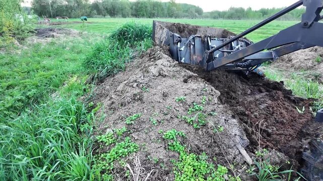 farm footage of a tractor front loader scooping aged manure from a large composted pile. The loader bucket opens, gathers organic fertilizer material, closes, lifts the load, and drives away