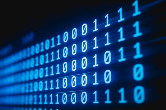 Glowing binary code 0 and 1 arranged in rows, forming a data stream on a dark digital interface, representing information technology.