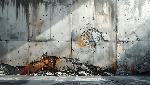 A worn concrete wall with peeling paint and debris on the ground