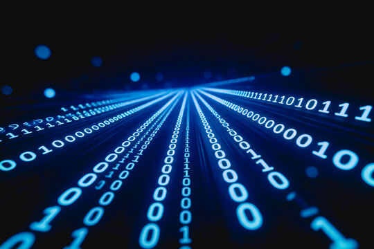 Glowing blue binary code streams converge from a dark background, representing digital data transmission and technology.