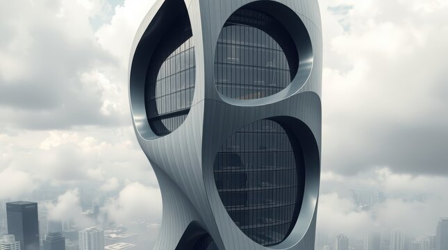 Futuristic skyscraper with unique curved design towers above city clouds