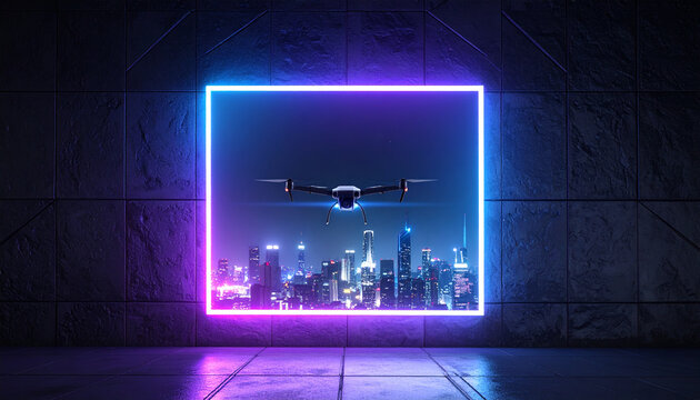 Drone flying over cityscape