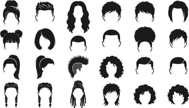 Comprehensive collection of twenty-four black and white female and male hair style silhouettes showing various cuts and textures isolated on a white background, for salon use